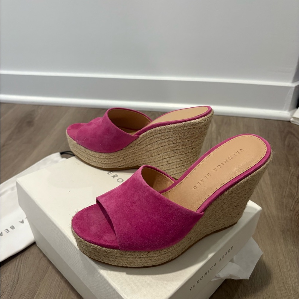Veronica Beard Hot Pink Suede Espadrille Slide Wedges